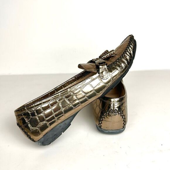 Stuart Weitzman Metallic Croc Embossed Topstitch Moccasin Loafer With Tassel 7,5 - Picture 4 of 16